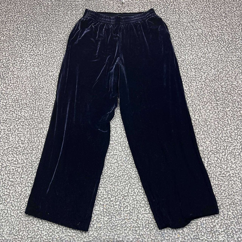 Tesori Pants Women Medium Navy Blue Velvet Wide Leg Elastic Waist M